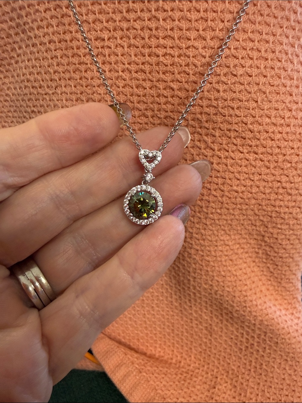 Silver Necklace with Olive-Green Crystal Halo Pendant